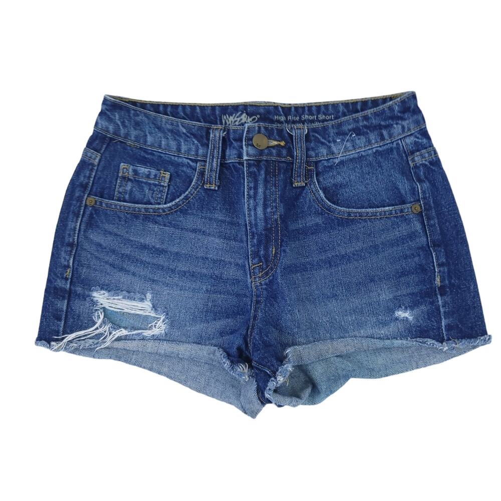 Mossimo Blue Jean High Rise Shorts Cutoff Size 0, 25 Denim Festival Distressed